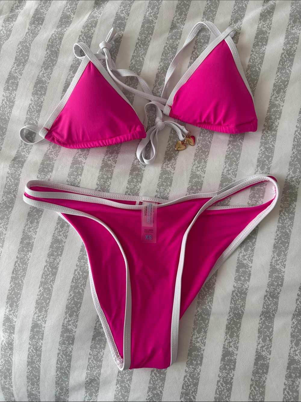 Hot Pink Triangle Bikini Set with White Trim - Women Swim Bikini